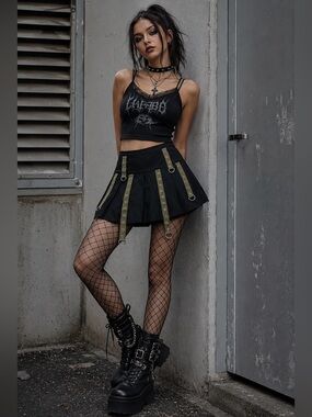 Social Collision Black Pleated Mini Skirt Goth Grunge Y2K Cargo Large CC84